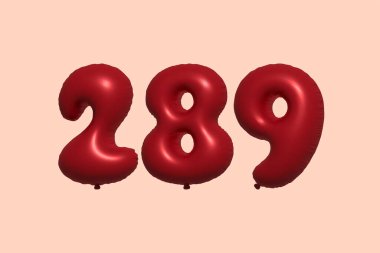 Gerçekçi metalik hava balonundan yapılmış 289 3D numaralı balon 3D. Satılık parti dekorasyonu için 3 boyutlu kırmızı helyum balonları, kutlama yıldönümü, düğün tatili. Vektör illüstrasyonu