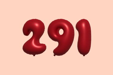 Gerçekçi metalik hava balonundan yapılmış 291 3D numaralı balon 3D. Satılık parti dekorasyonu için 3 boyutlu kırmızı helyum balonları, kutlama yıldönümü, düğün tatili. Vektör illüstrasyonu