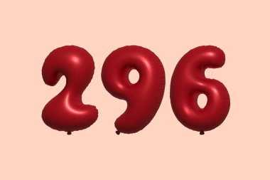 3D gerçekçi metalik hava balonundan yapılmış 296 3D numaralı balon. Satılık parti dekorasyonu için 3 boyutlu kırmızı helyum balonları, kutlama yıldönümü, düğün tatili. Vektör illüstrasyonu
