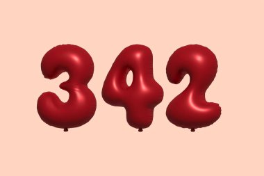 342 3D numaralı balon gerçekçi metalik hava balonu 3D görüntüleme. Satılık parti dekorasyonu için 3 boyutlu kırmızı helyum balonları, kutlama yıldönümü, düğün tatili. Vektör illüstrasyonu