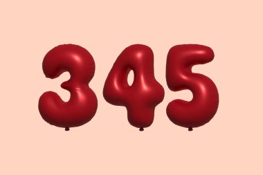 345 numara 3D balon gerçekçi metalik hava balonu 3D görüntüleme. Satılık parti dekorasyonu için 3 boyutlu kırmızı helyum balonları, kutlama yıldönümü, düğün tatili. Vektör illüstrasyonu