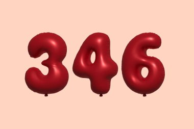 346 3D numaralı balon gerçekçi metalik hava balonu 3D görüntüleme. Satılık parti dekorasyonu için 3 boyutlu kırmızı helyum balonları, kutlama yıldönümü, düğün tatili. Vektör illüstrasyonu