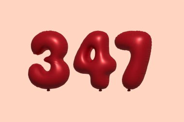 347 numara 3D balon gerçekçi metalik hava balonu 3D görüntüleme. Satılık parti dekorasyonu için 3 boyutlu kırmızı helyum balonları, kutlama yıldönümü, düğün tatili. Vektör illüstrasyonu