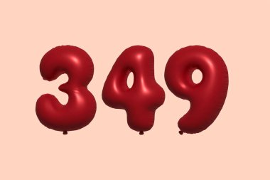 349 numara balon gerçekçi metalik hava balonu 3D görüntüleme. Satılık parti dekorasyonu için 3 boyutlu kırmızı helyum balonları, kutlama yıldönümü, düğün tatili. Vektör illüstrasyonu