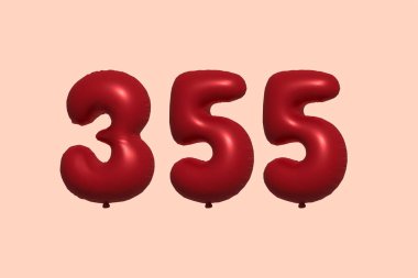 355 3d numaralı balon gerçekçi metalik hava balonu 3D görüntüleme. Satılık parti dekorasyonu için 3 boyutlu kırmızı helyum balonları, kutlama yıldönümü, düğün tatili. Vektör illüstrasyonu
