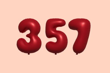 357 numara 3D balon gerçekçi metalik hava balonu 3D görüntüleme. Satılık parti dekorasyonu için 3 boyutlu kırmızı helyum balonları, kutlama yıldönümü, düğün tatili. Vektör illüstrasyonu