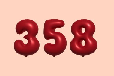 358 3d numaralı balon gerçekçi metalik hava balonu 3D görüntüleme. Satılık parti dekorasyonu için 3 boyutlu kırmızı helyum balonları, kutlama yıldönümü, düğün tatili. Vektör illüstrasyonu