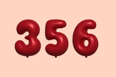 356 3D numaralı balon gerçekçi metalik hava balonu 3D görüntüleme. Satılık parti dekorasyonu için 3 boyutlu kırmızı helyum balonları, kutlama yıldönümü, düğün tatili. Vektör illüstrasyonu