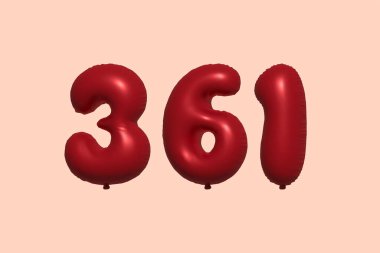 361 3d numaralı balon gerçekçi metalik hava balonu 3D görüntüleme. Satılık parti dekorasyonu için 3 boyutlu kırmızı helyum balonları, kutlama yıldönümü, düğün tatili. Vektör illüstrasyonu