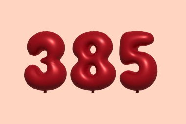 385 3D numaralı balon gerçekçi metalik hava balonu 3D görüntüleme. Satılık parti dekorasyonu için 3 boyutlu kırmızı helyum balonları, kutlama yıldönümü, düğün tatili. Vektör illüstrasyonu