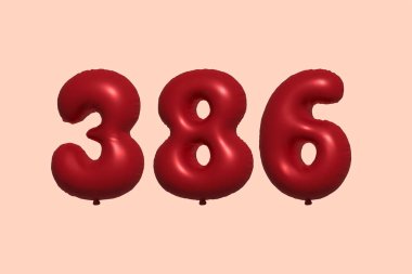 386 3D numaralı balon gerçekçi metalik hava balonu 3D görüntüleme. Satılık parti dekorasyonu için 3 boyutlu kırmızı helyum balonları, kutlama yıldönümü, düğün tatili. Vektör illüstrasyonu