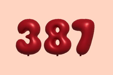 387 3D numaralı balon gerçekçi metalik hava balonu 3D görüntüleme. Satılık parti dekorasyonu için 3 boyutlu kırmızı helyum balonları, kutlama yıldönümü, düğün tatili. Vektör illüstrasyonu