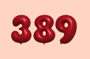 389 3D numaralı balon gerçekçi metalik hava balonu 3D görüntüleme. Satılık parti dekorasyonu için 3 boyutlu kırmızı helyum balonları, kutlama yıldönümü, düğün tatili. Vektör illüstrasyonu