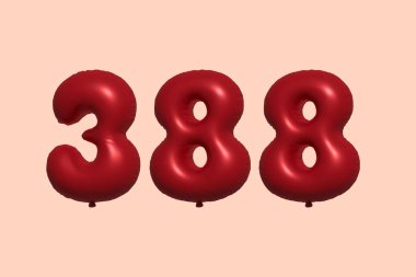 388 numara balon gerçekçi metalik hava balonu 3D görüntüleme. Satılık parti dekorasyonu için 3 boyutlu kırmızı helyum balonları, kutlama yıldönümü, düğün tatili. Vektör illüstrasyonu
