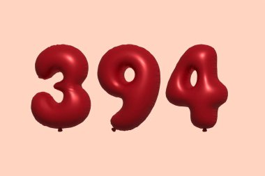 394 numara 3D balon gerçekçi metalik hava balonu 3D görüntüleme. Satılık parti dekorasyonu için 3 boyutlu kırmızı helyum balonları, kutlama yıldönümü, düğün tatili. Vektör illüstrasyonu