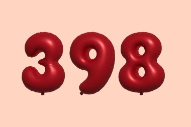 398 3d numaralı balon gerçekçi metalik hava balonu 3D görüntüleme. Satılık parti dekorasyonu için 3 boyutlu kırmızı helyum balonları, kutlama yıldönümü, düğün tatili. Vektör illüstrasyonu