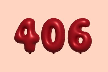 3D gerçekçi metalik hava balonundan yapılmış 406 numara balon. Satılık parti dekorasyonu için 3 boyutlu kırmızı helyum balonları, kutlama yıldönümü, düğün tatili. Vektör illüstrasyonu