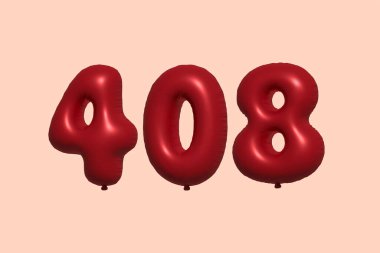 3D gerçekçi metalik hava balonundan yapılmış 408 numara balon. Satılık parti dekorasyonu için 3 boyutlu kırmızı helyum balonları, kutlama yıldönümü, düğün tatili. Vektör illüstrasyonu