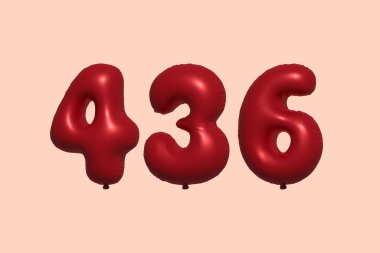 3D gerçekçi metalik hava balonundan yapılmış 436 numara balon. Satılık parti dekorasyonu için 3 boyutlu kırmızı helyum balonları, kutlama yıldönümü, düğün tatili. Vektör illüstrasyonu