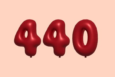3D gerçekçi metalik hava balonundan yapılmış 440 numara balon. Satılık parti dekorasyonu için 3 boyutlu kırmızı helyum balonları, kutlama yıldönümü, düğün tatili. Vektör illüstrasyonu