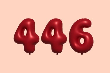 3D gerçekçi metalik hava balonundan yapılmış 446 numara balon. Satılık parti dekorasyonu için 3 boyutlu kırmızı helyum balonları, kutlama yıldönümü, düğün tatili. Vektör illüstrasyonu