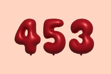 3D gerçekçi metalik hava balonundan yapılmış 453 numara balon. Satılık parti dekorasyonu için 3 boyutlu kırmızı helyum balonları, kutlama yıldönümü, düğün tatili. Vektör illüstrasyonu