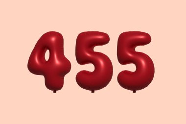 3D gerçekçi metalik hava balonundan yapılmış 455 numara balon. Satılık parti dekorasyonu için 3 boyutlu kırmızı helyum balonları, kutlama yıldönümü, düğün tatili. Vektör illüstrasyonu