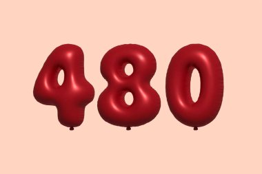 3D gerçekçi metalik hava balonundan yapılmış 480 numara balon. Satılık parti dekorasyonu için 3 boyutlu kırmızı helyum balonları, kutlama yıldönümü, düğün tatili. Vektör illüstrasyonu