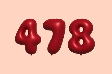 3D gerçekçi metalik hava balonundan yapılmış 478 numara balon. Satılık parti dekorasyonu için 3 boyutlu kırmızı helyum balonları, kutlama yıldönümü, düğün tatili. Vektör illüstrasyonu