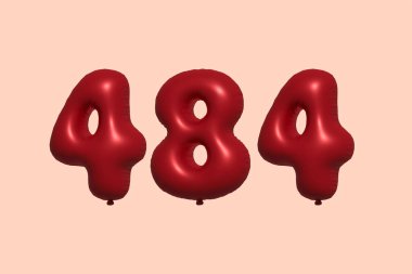 3D gerçekçi metalik hava balonundan yapılmış 484 numara balon. Satılık parti dekorasyonu için 3 boyutlu kırmızı helyum balonları, kutlama yıldönümü, düğün tatili. Vektör illüstrasyonu