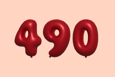 3D gerçekçi metalik hava balonundan yapılmış 490 numara balon. Satılık parti dekorasyonu için 3 boyutlu kırmızı helyum balonları, kutlama yıldönümü, düğün tatili. Vektör illüstrasyonu