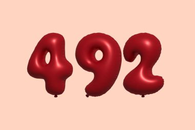 492 3D numaralı balon gerçekçi metalik hava balonu 3D görüntüleme. Satılık parti dekorasyonu için 3 boyutlu kırmızı helyum balonları, kutlama yıldönümü, düğün tatili. Vektör illüstrasyonu