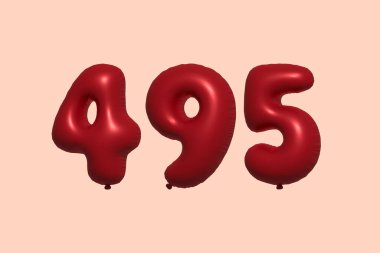 3D gerçekçi metalik hava balonundan yapılmış 495 numara balon. Satılık parti dekorasyonu için 3 boyutlu kırmızı helyum balonları, kutlama yıldönümü, düğün tatili. Vektör illüstrasyonu