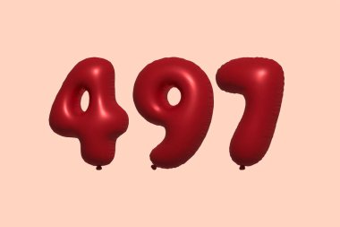 497 3d numaralı balon gerçekçi metalik hava balonu 3D görüntüleme. Satılık parti dekorasyonu için 3 boyutlu kırmızı helyum balonları, kutlama yıldönümü, düğün tatili. Vektör illüstrasyonu