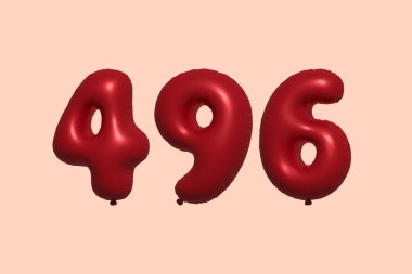 3D gerçekçi metalik hava balonundan yapılmış 496 numara balon. Satılık parti dekorasyonu için 3 boyutlu kırmızı helyum balonları, kutlama yıldönümü, düğün tatili. Vektör illüstrasyonu