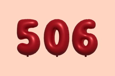506 3D numaralı balon gerçekçi metalik hava balonu 3D görüntüleme. Satılık parti dekorasyonu için 3 boyutlu kırmızı helyum balonları, kutlama yıldönümü, düğün tatili. Vektör illüstrasyonu