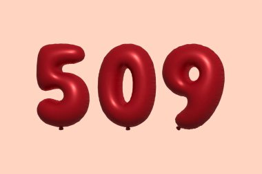 509 numara 3D balon gerçekçi metalik hava balonu 3D görüntüleme. Satılık parti dekorasyonu için 3 boyutlu kırmızı helyum balonları, kutlama yıldönümü, düğün tatili. Vektör illüstrasyonu