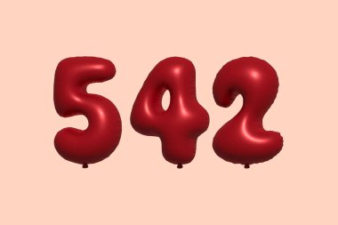 3D gerçekçi metalik hava balonundan yapılmış 542 numara balon. Satılık parti dekorasyonu için 3 boyutlu kırmızı helyum balonları, kutlama yıldönümü, düğün tatili. Vektör illüstrasyonu