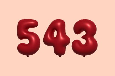 3D gerçekçi metalik hava balonundan yapılmış 543 numara balon. Satılık parti dekorasyonu için 3 boyutlu kırmızı helyum balonları, kutlama yıldönümü, düğün tatili. Vektör illüstrasyonu