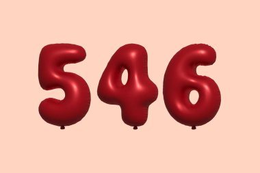 3D gerçekçi metalik hava balonundan yapılmış 546 numara balon. Satılık parti dekorasyonu için 3 boyutlu kırmızı helyum balonları, kutlama yıldönümü, düğün tatili. Vektör illüstrasyonu