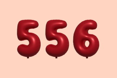 556 3D numaralı balon gerçekçi metalik hava balonu 3D görüntüleme. Satılık parti dekorasyonu için 3 boyutlu kırmızı helyum balonları, kutlama yıldönümü, düğün tatili. Vektör illüstrasyonu