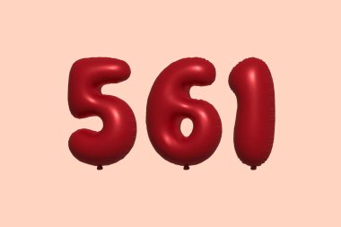 561 3d numaralı balon gerçekçi metalik hava balonu 3D görüntüleme. Satılık parti dekorasyonu için 3 boyutlu kırmızı helyum balonları, kutlama yıldönümü, düğün tatili. Vektör illüstrasyonu
