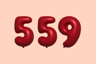 559 3d numaralı balon gerçekçi metalik hava balonu 3D görüntüleme. Satılık parti dekorasyonu için 3 boyutlu kırmızı helyum balonları, kutlama yıldönümü, düğün tatili. Vektör illüstrasyonu