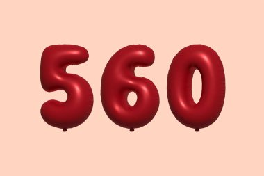 3D gerçekçi metalik hava balonundan yapılmış 560 numara balon. Satılık parti dekorasyonu için 3 boyutlu kırmızı helyum balonları, kutlama yıldönümü, düğün tatili. Vektör illüstrasyonu