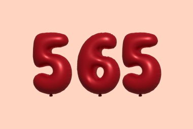 3D gerçekçi metalik hava balonundan yapılmış 565 numara balon. Satılık parti dekorasyonu için 3 boyutlu kırmızı helyum balonları, kutlama yıldönümü, düğün tatili. Vektör illüstrasyonu