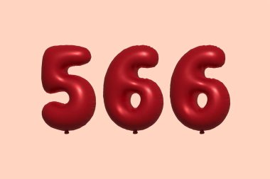 566 3d numaralı balon gerçekçi metalik hava balonu 3D görüntüleme. Satılık parti dekorasyonu için 3 boyutlu kırmızı helyum balonları, kutlama yıldönümü, düğün tatili. Vektör illüstrasyonu