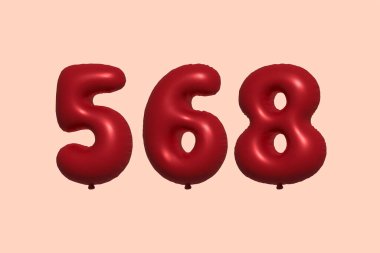 568 3d numaralı balon gerçekçi metalik hava balonu 3D görüntüleme. Satılık parti dekorasyonu için 3 boyutlu kırmızı helyum balonları, kutlama yıldönümü, düğün tatili. Vektör illüstrasyonu