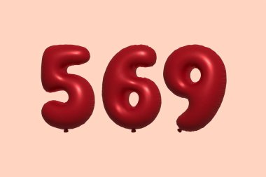 3D gerçekçi metalik hava balonundan yapılmış 569 numara balon. Satılık parti dekorasyonu için 3 boyutlu kırmızı helyum balonları, kutlama yıldönümü, düğün tatili. Vektör illüstrasyonu