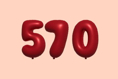 3D gerçekçi metalik hava balonundan yapılmış 570 numara balon. Satılık parti dekorasyonu için 3 boyutlu kırmızı helyum balonları, kutlama yıldönümü, düğün tatili. Vektör illüstrasyonu