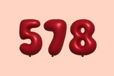 3D gerçekçi metalik hava balonundan yapılmış 578 numara balon. Satılık parti dekorasyonu için 3 boyutlu kırmızı helyum balonları, kutlama yıldönümü, düğün tatili. Vektör illüstrasyonu